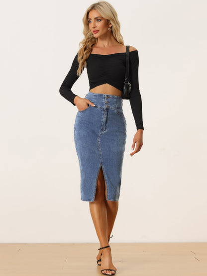 Elegant Denim Midi Skirt for Women with High Waist Fitted Side Slit Style