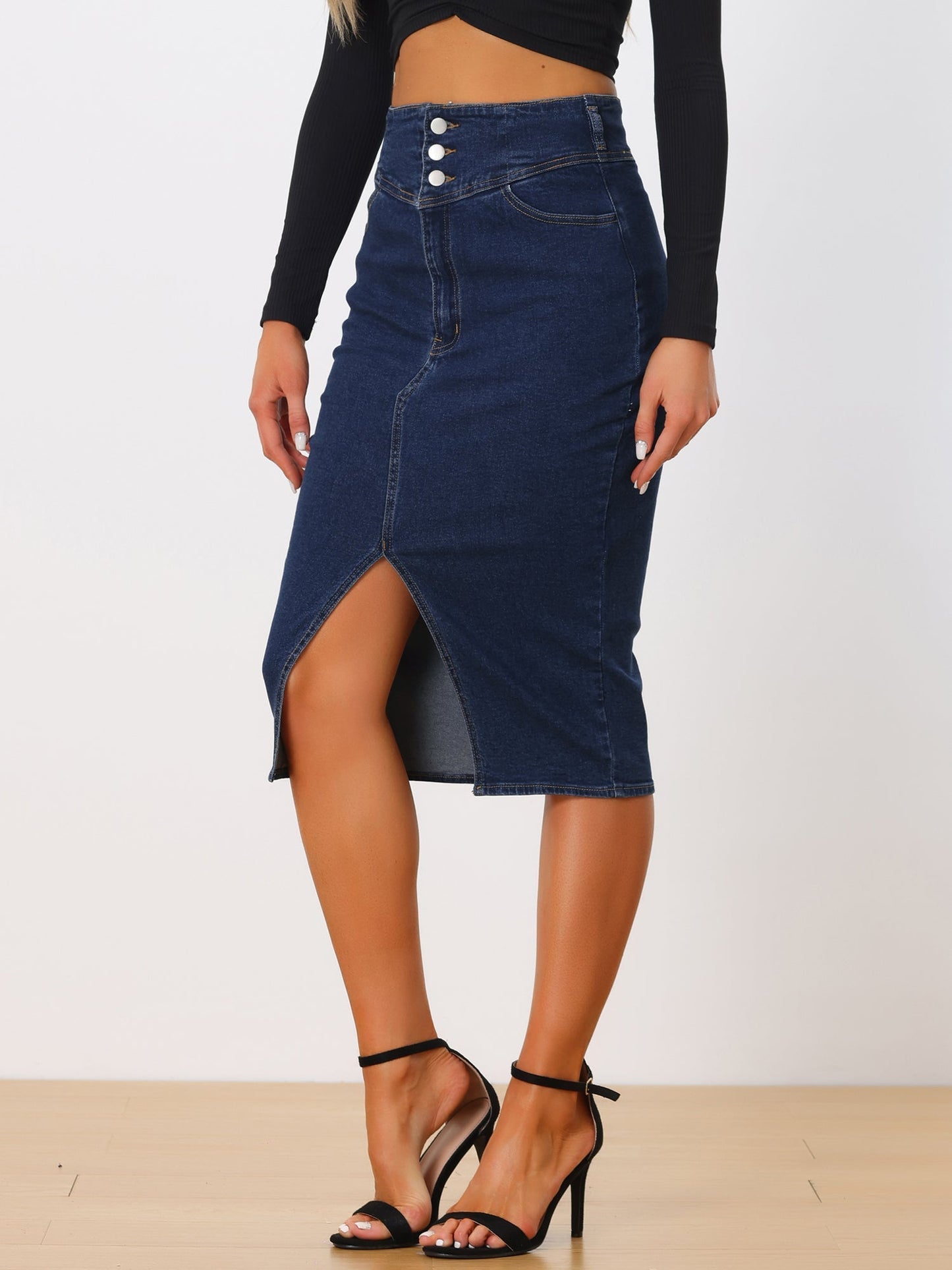 Elegant Denim Midi Skirt for Women with High Waist Fitted Side Slit Style