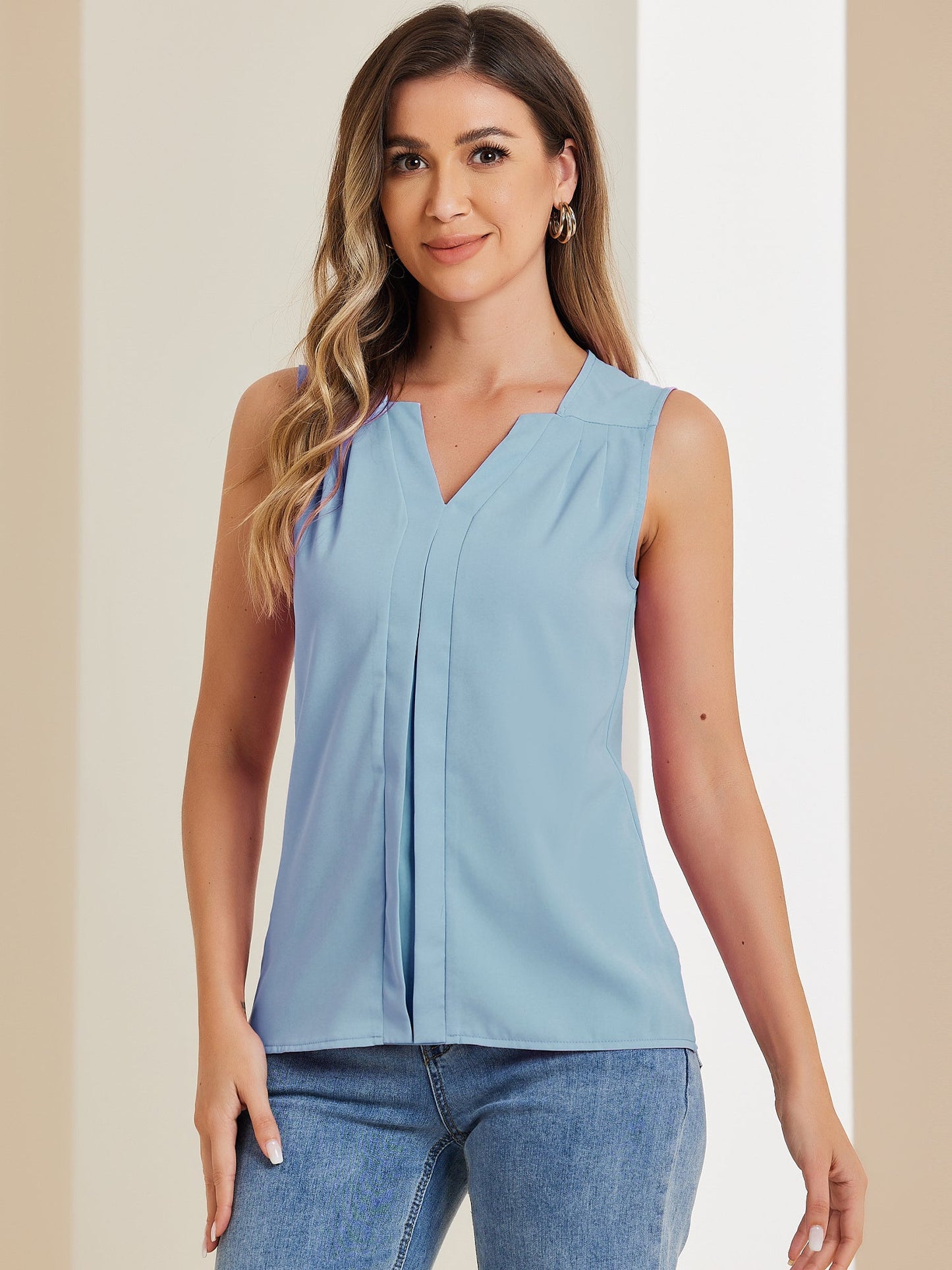 Effortless Blouses for Women with V-Neck Sleeveless Ruffle Placket Style