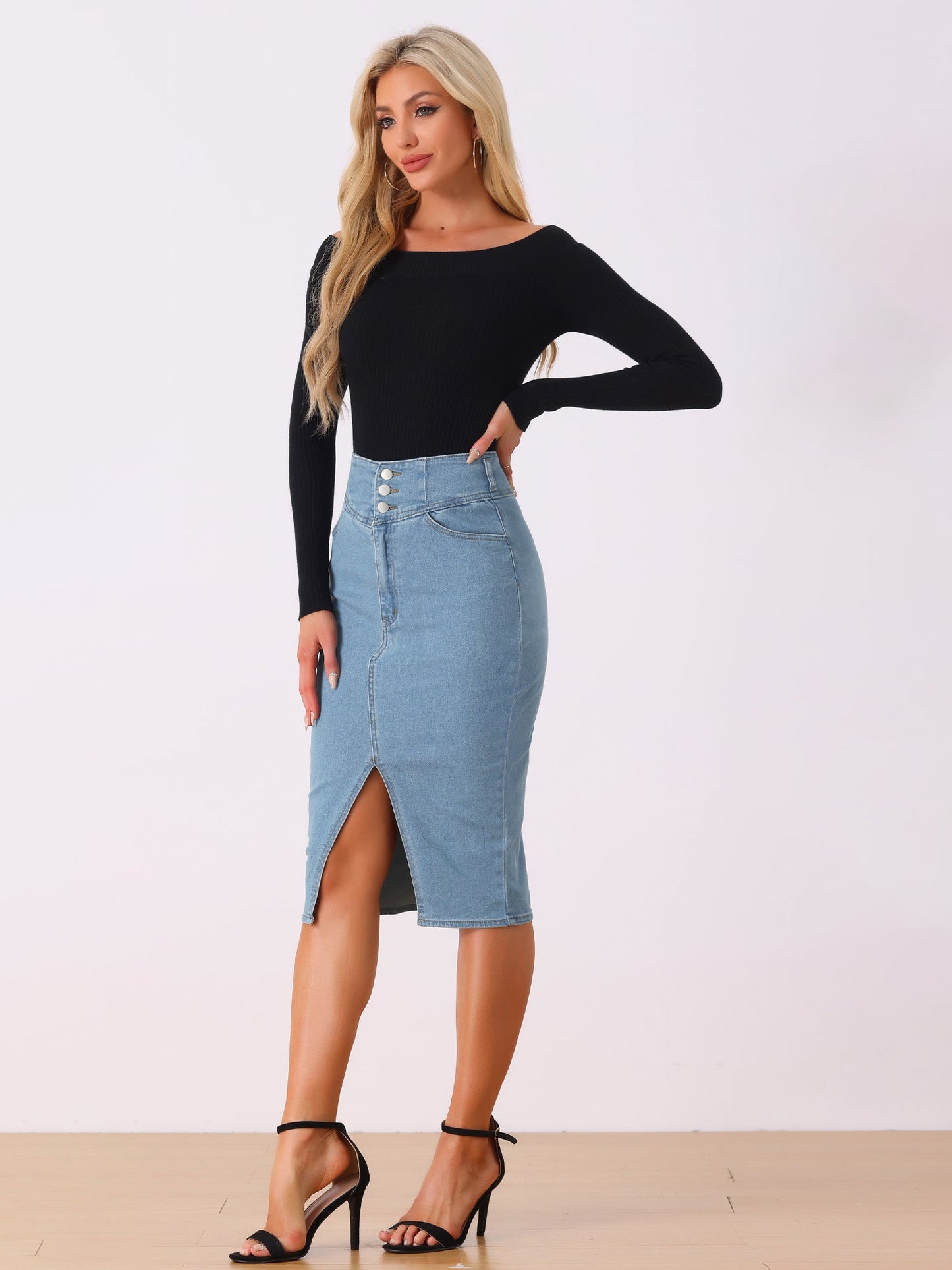 Elegant Denim Midi Skirt for Women with High Waist Fitted Side Slit Style