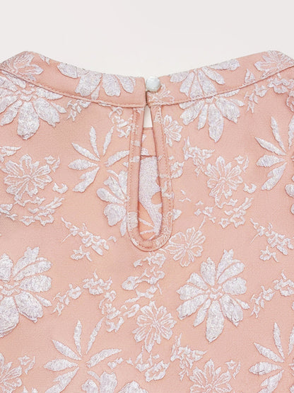 Elegant Floral Shift Dress for Women with Round Neck Puff Sleeve Jacquard Style