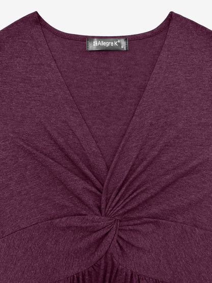 Effortless Twist Front Mini Dress for Women with V-Neck Short Sleeve Flowing Style