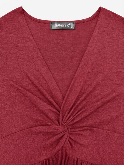Effortless Twist Front Mini Dress for Women with V-Neck Short Sleeve Flowing Style
