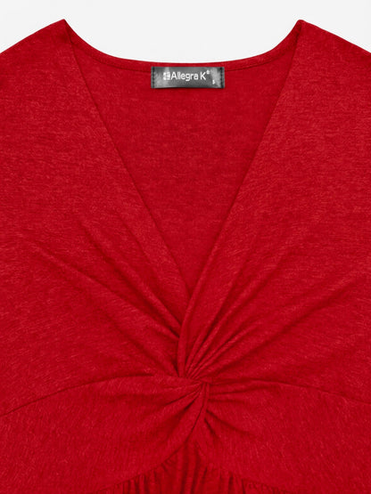 Elegant Red Mini Dress for Women with V-Neck Short Sleeve Twist Front Style