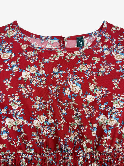 Elegant Red Floral Midi Dress for Women with Puff Sleeve Fitted Waist Side Slit Style