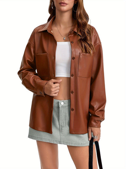 Effortless Leather Shirt Jacket for Women with Collar Button Front Relaxed Style
