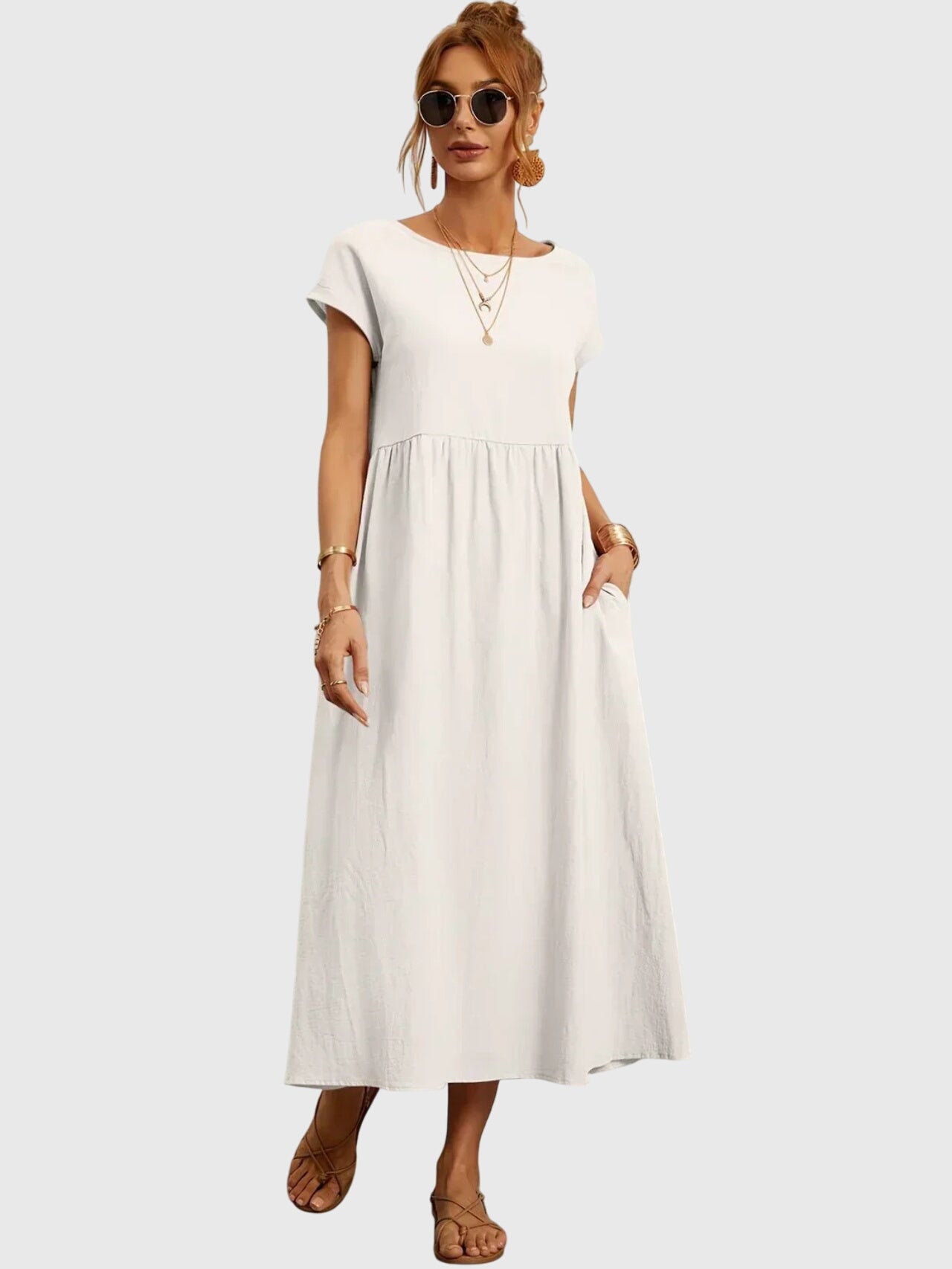 Effortless Round Neck Maxi Dress for Women with Short Sleeve Empire Waist Pocket Casual Style
