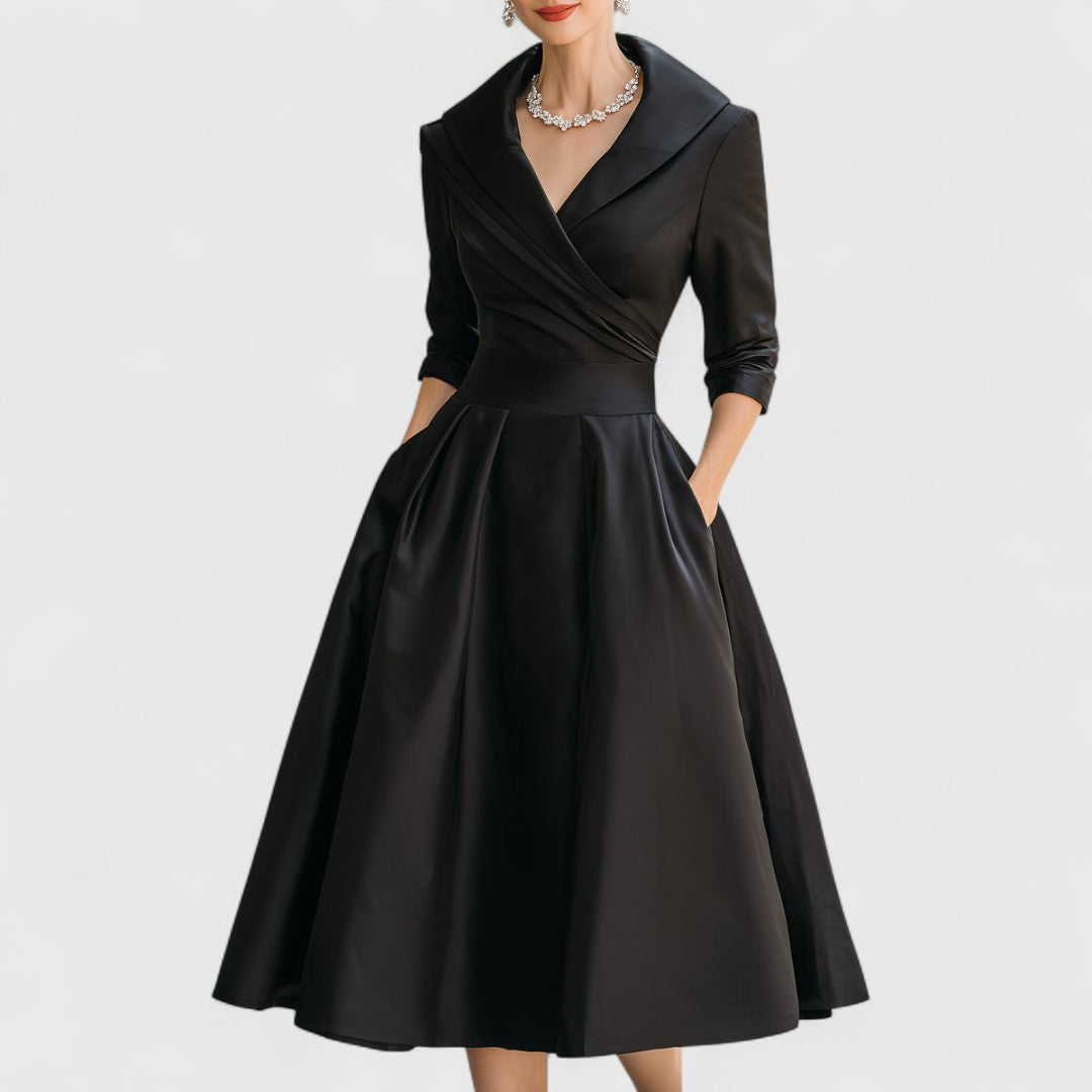 Elegant Satin Midi Dress for Women with Wrap V-Neck Three Quarter Sleeve Formal Wedding Guest Style