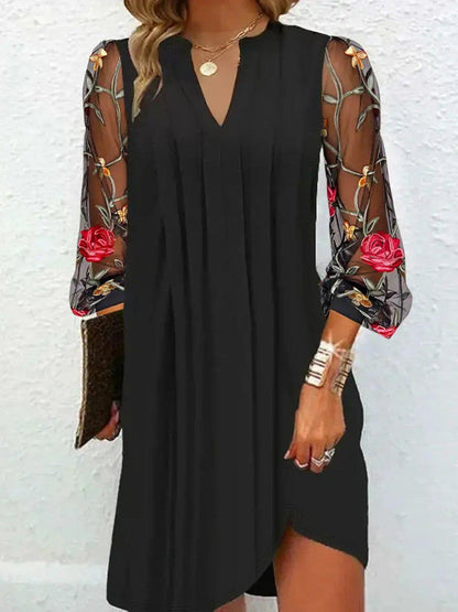 Effortless Black Floral Mini Dress for Women with V Neck