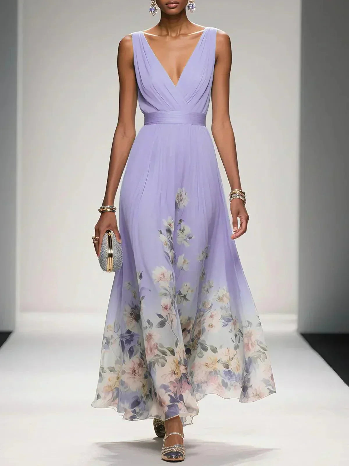 Elegant Floral Maxi Dress for Women with Deep V-Neck Sleeveless Formal Wedding Guest Style