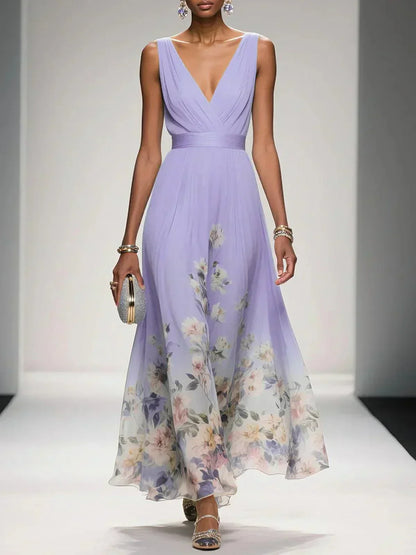 Elegant Floral Maxi Dress for Women with Deep V-Neck Sleeveless Formal Wedding Guest Style