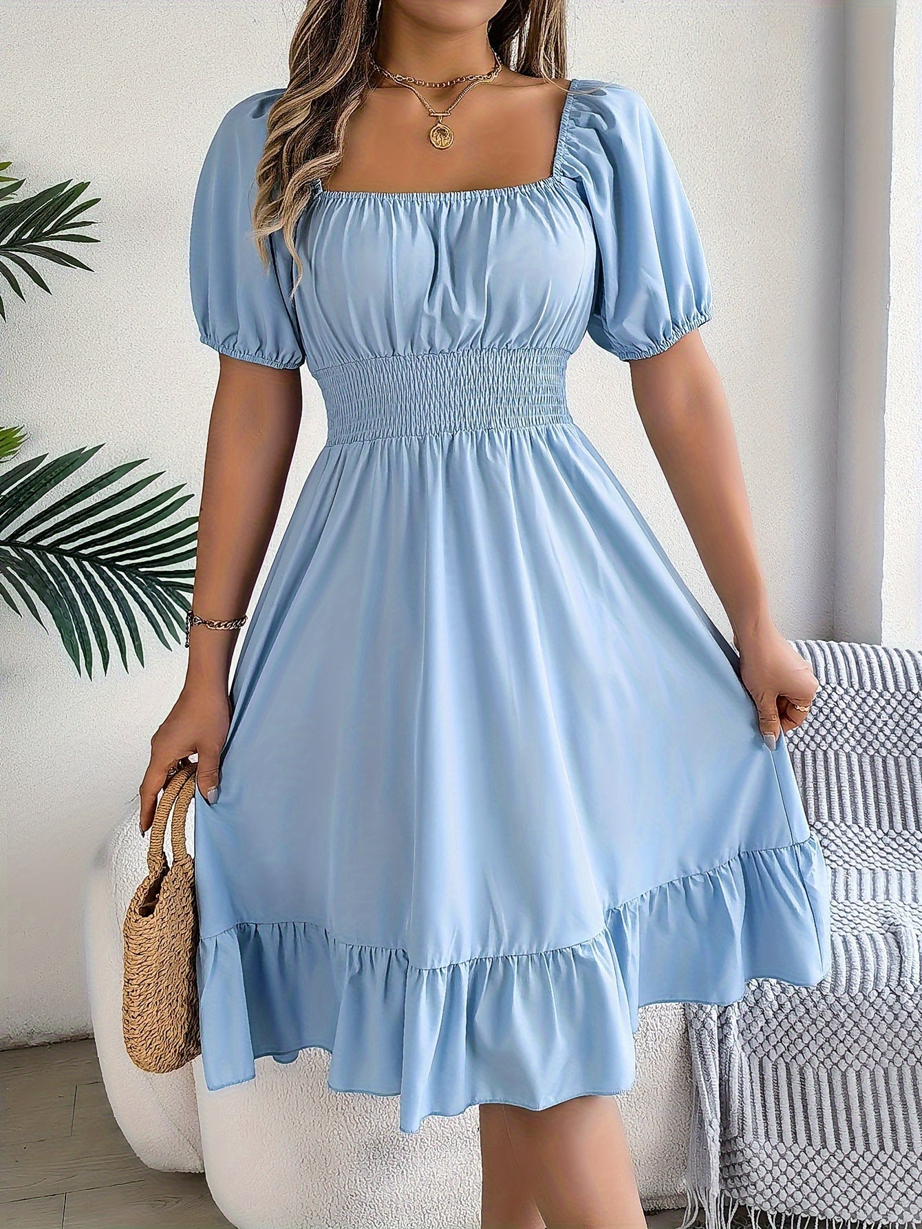 Elegant Evening Dress for Women with Square Neck Puff Sleeve A Line Formal Wedding Guest Style