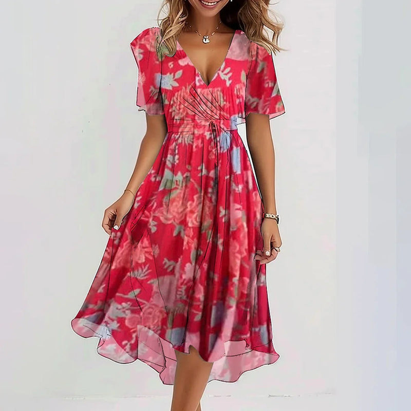 Effortless Printed Mini Dress for Women with V Neck Short Sleeve