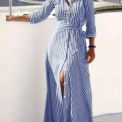 Effortless Striped Maxi Dress for Women with Collared Belted