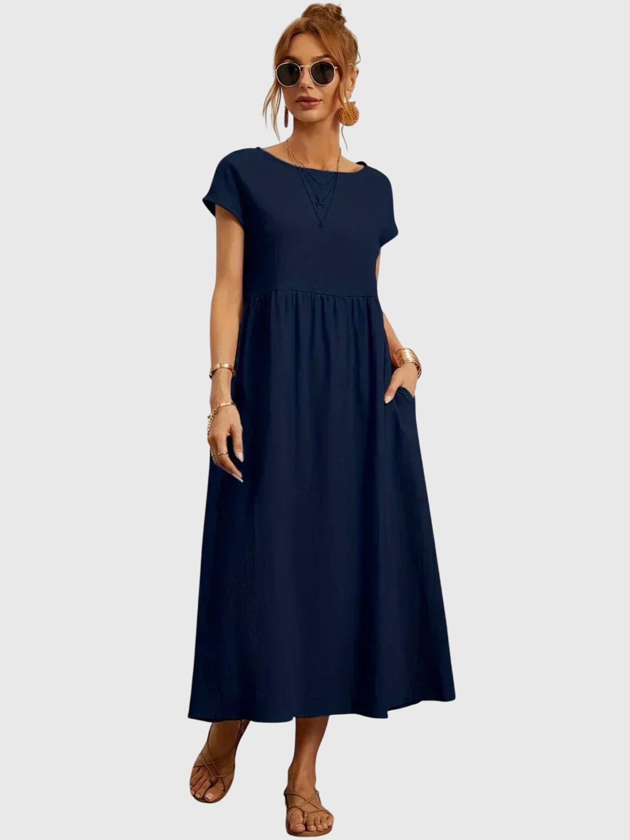 Effortless Round Neck Maxi Dress for Women with Short Sleeve Empire Waist Pocket Casual Style