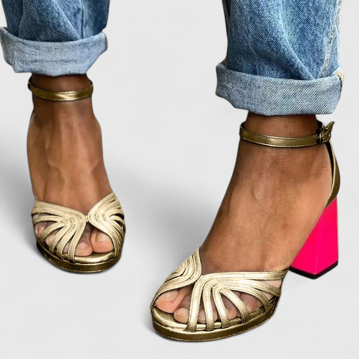Comfortable Gold Heels for Women with Ankle Strap Open Toe Style