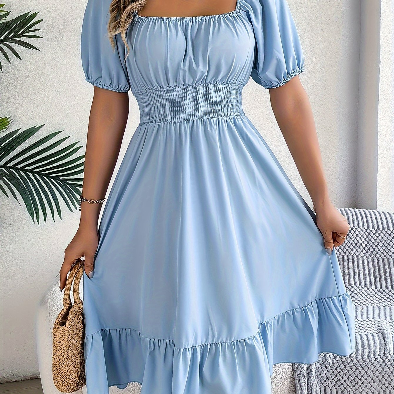 Elegant Evening Dress for Women with Square Neck Puff Sleeve A Line Formal Wedding Guest Style