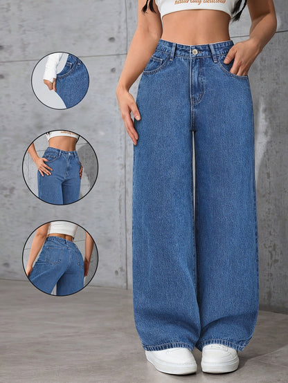 Effortless Relaxed Blue Wide Leg Jeans for Women with High Waist Flowing Style