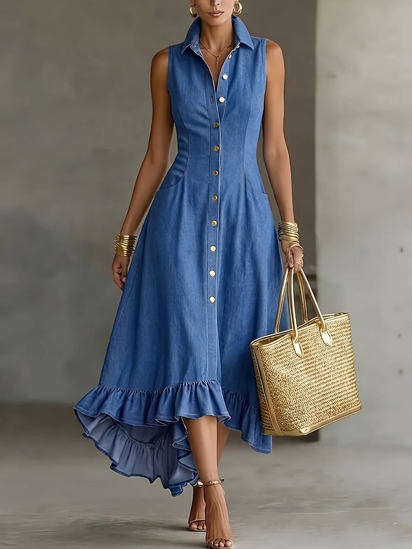 Elegant Blue Midi Dress for Women with Mock Neck Sleeveless Ruffle Hem Style
