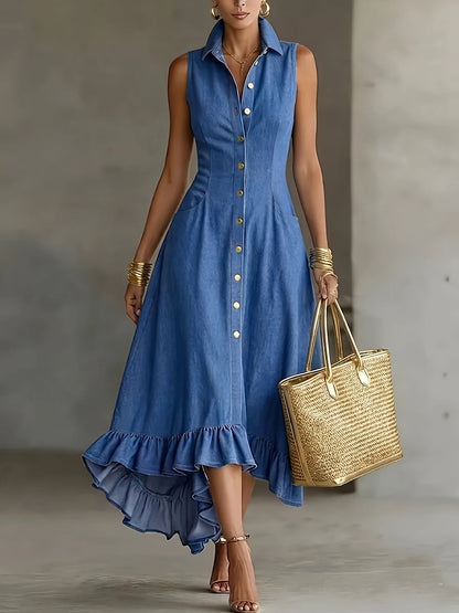 Elegant Blue Midi Dress for Women with Mock Neck Sleeveless Ruffle Hem Style