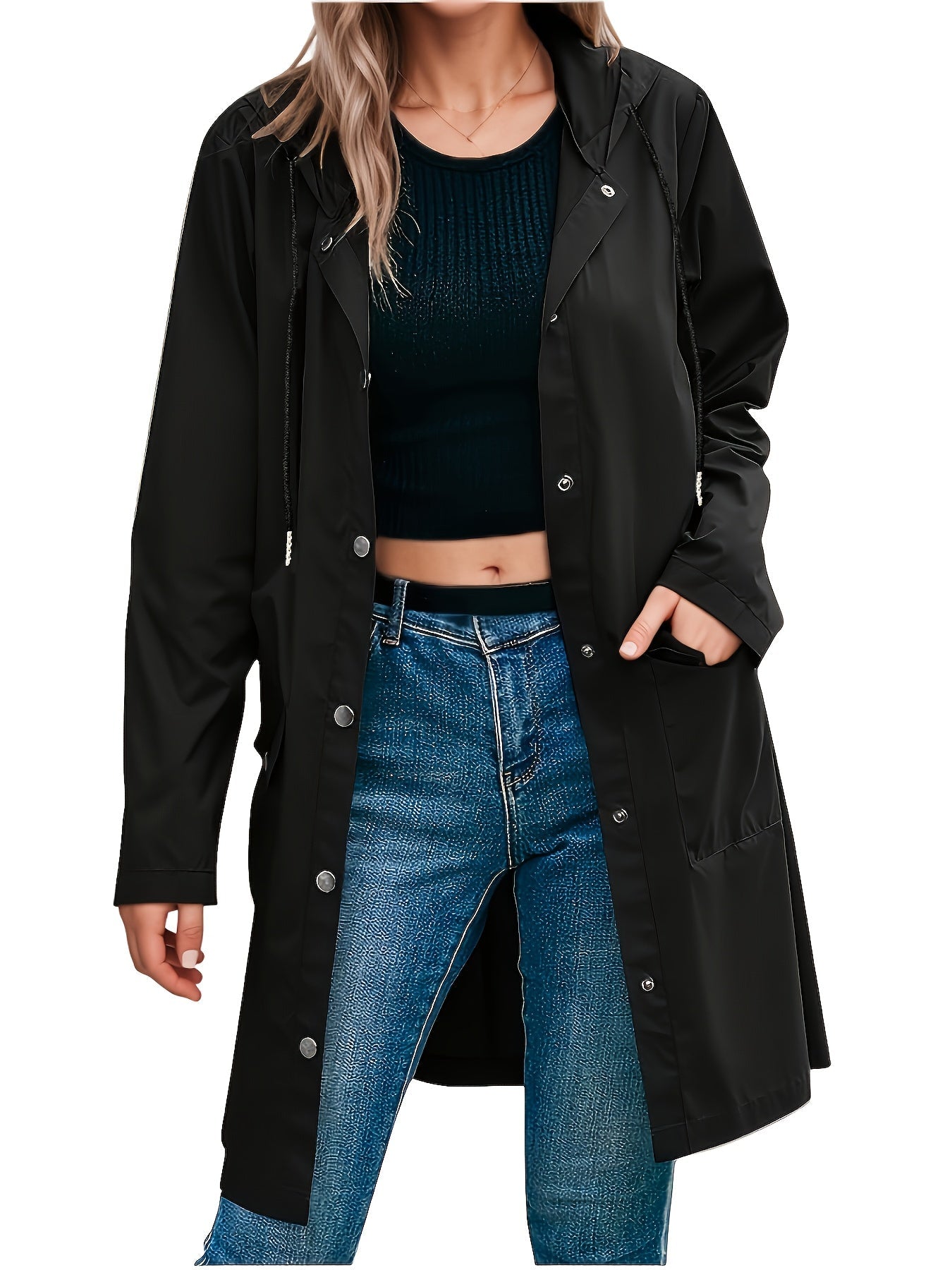 Effortless Hooded Jacket for Women with Button Front Longline Patch Pocket Style