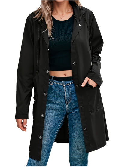 Effortless Hooded Jacket for Women with Button Front Longline Patch Pocket Style