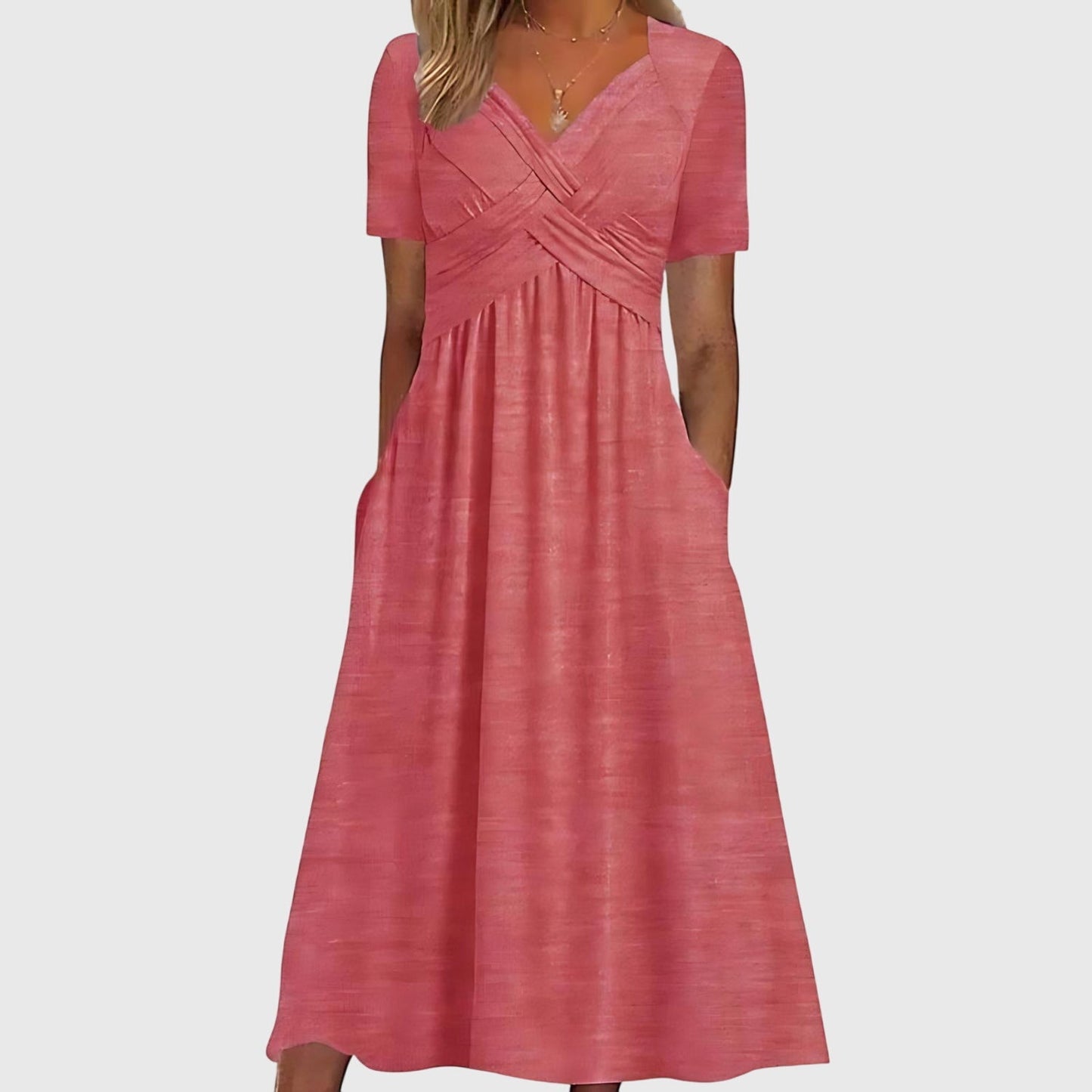 Effortless Wrap V-Neck Midi Dress for Women with Short Sleeve Pocket Casual Style