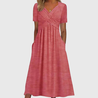 Effortless Wrap V-Neck Midi Dress for Women with Short Sleeve Pocket Casual Style
