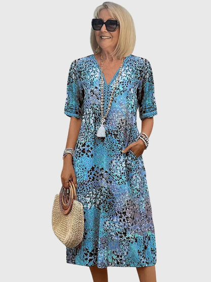 Effortless Boho Print Casual Maxi Dress for Women with V-Neck Half Sleeve Pocket Style