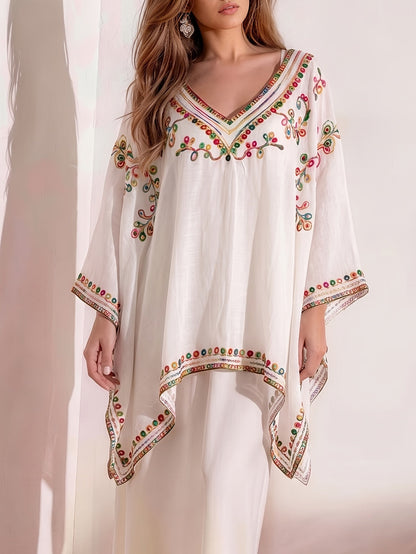 Effortless Poncho Shirts for Women with V-Neck Embroidered Trim Batwing Sleeve Style