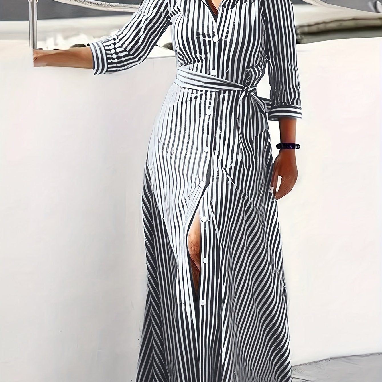 Effortless Striped Maxi Dress for Women with Collared Belted