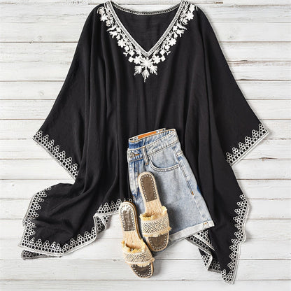 Effortless Poncho Shirt for Women with Embroidered Trim Batwing Sleeve Style