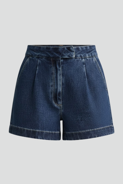 Effortless Denim Shorts for Women with High Waist Pleated Front Rolled Hem Jean Casual Style