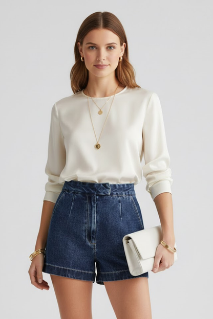 Effortless Denim Shorts for Women with High Waist Pleated Front Rolled Hem Jean Casual Style