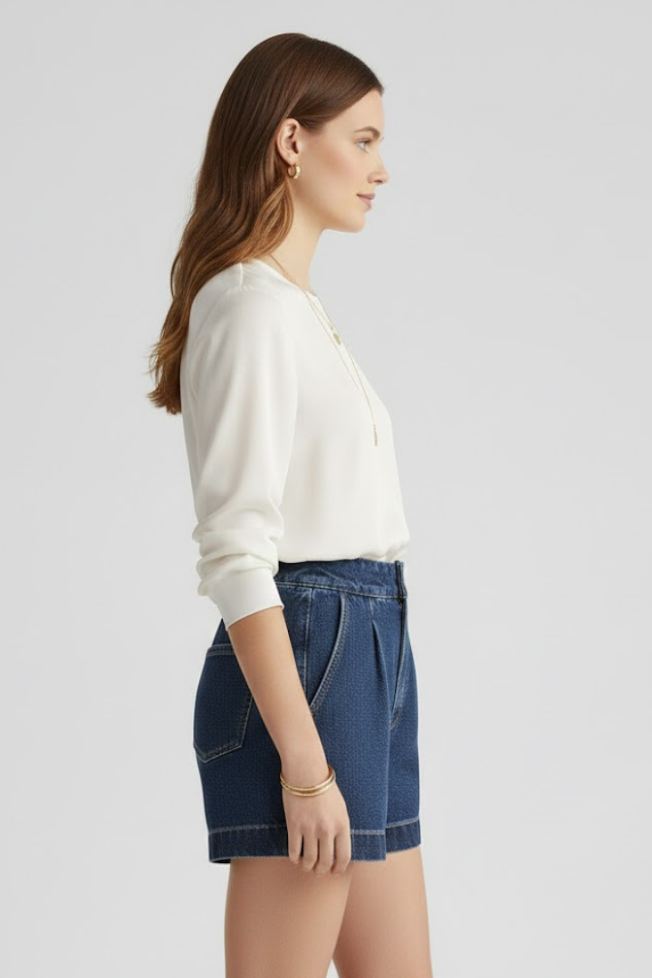 Effortless Denim Shorts for Women with High Waist Pleated Front Rolled Hem Jean Casual Style