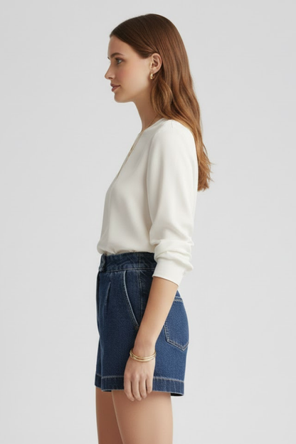 Effortless Denim Shorts for Women with High Waist Pleated Front Rolled Hem Jean Casual Style