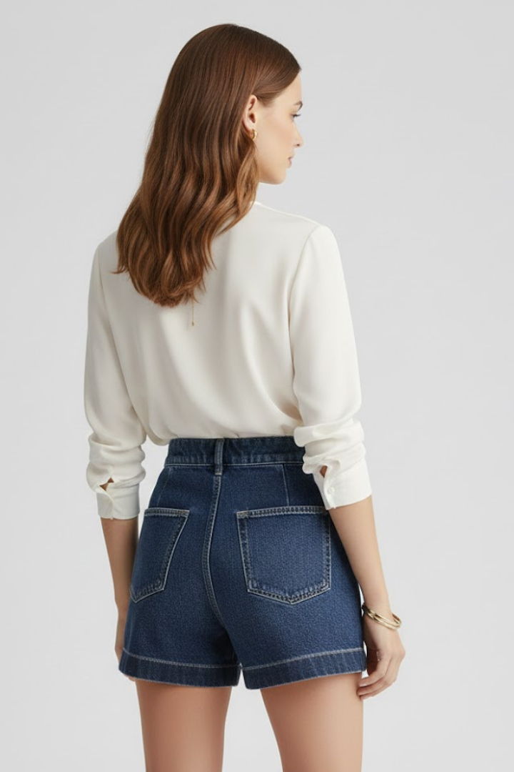 Effortless Denim Shorts for Women with High Waist Pleated Front Rolled Hem Jean Casual Style