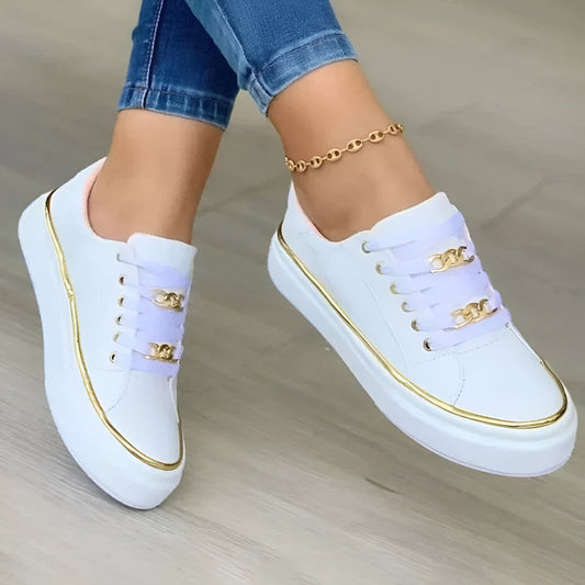 Stylish Orthopedic Sneakers for Women with Platform Sole Gold Chain Lace Up Leather Casual Style