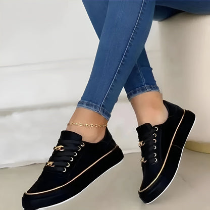 Stylish Orthopedic Sneakers for Women with Platform Sole Gold Chain Lace Up Leather Casual Style
