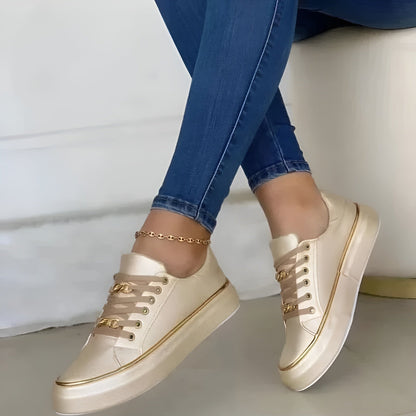Stylish Orthopedic Sneakers for Women with Platform Sole Gold Chain Lace Up Leather Casual Style