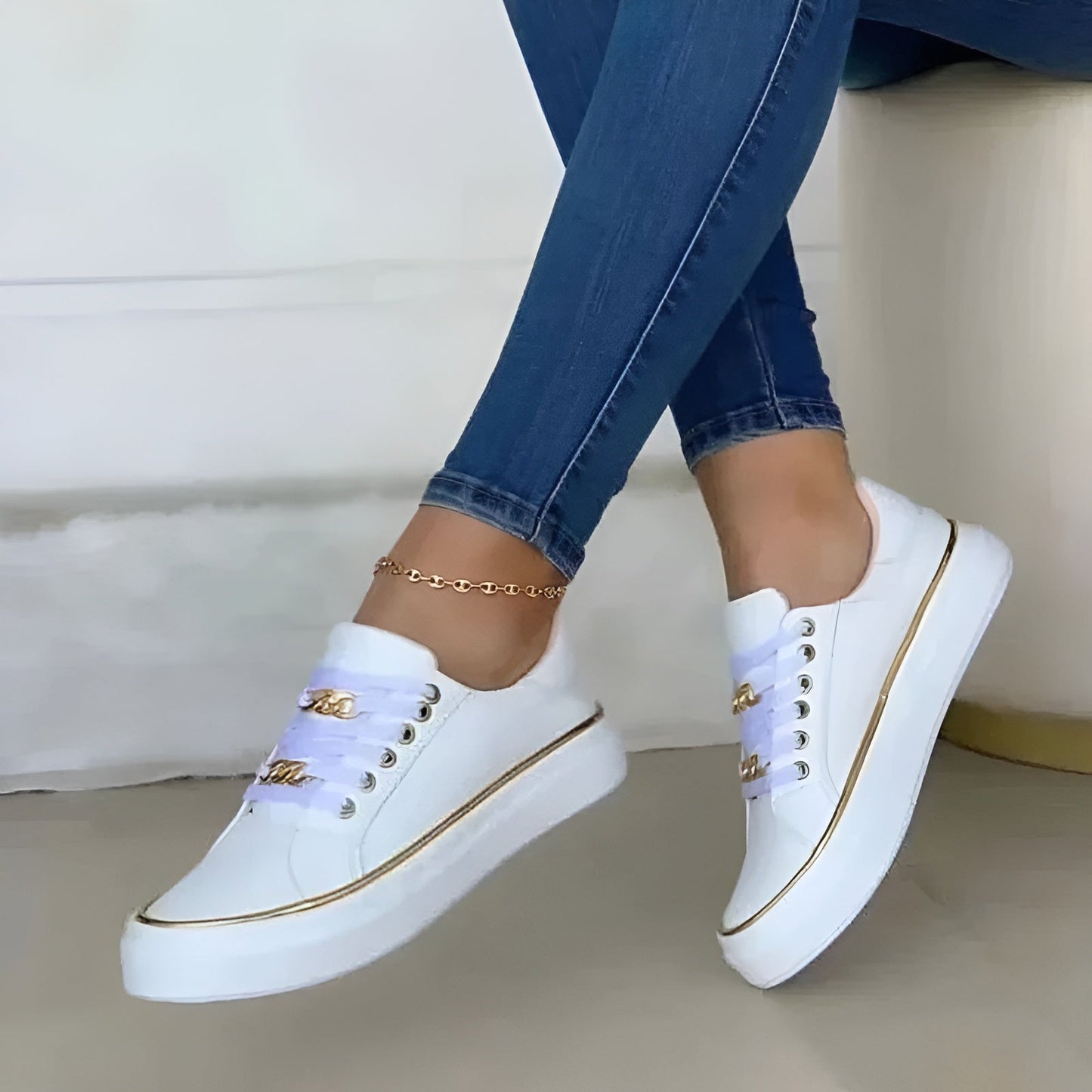 Stylish Orthopedic Sneakers for Women with Platform Sole Gold Chain Lace Up Leather Casual Style