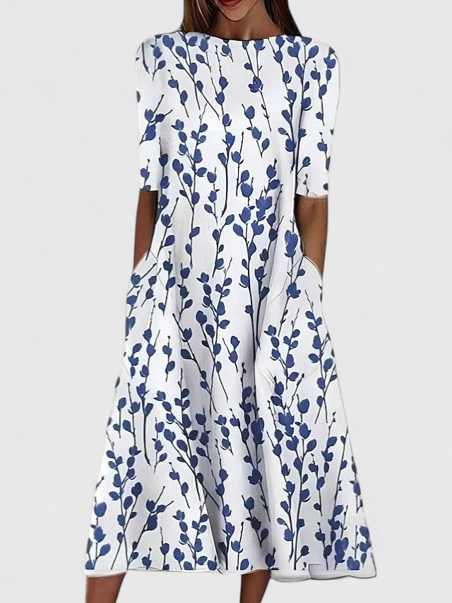 Effortless Floral Print Casual Dress for Women with Short Sleeve Pocket A-Line Midi Style