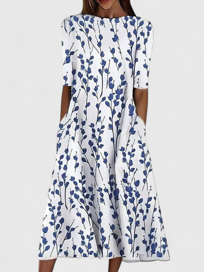 Effortless Floral Print Casual Dress for Women with Short Sleeve Pocket A-Line Midi Style