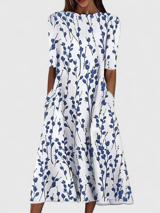 Effortless Floral Print Casual Dress for Women with Short Sleeve Pocket A-Line Midi Style