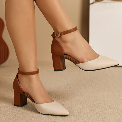Comfortable Beige Heels for Women with Two Tone Block Heel Ankle Strap Style