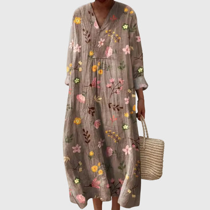 Effortless Colorblock Print Maxi Dress for Women with V-Neck Long Sleeve Casual Loose Style