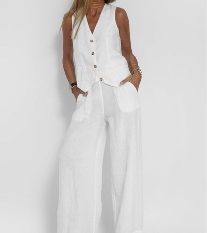 Comfortable Two Piece Set for Women with V Neck Sleeveless Wide Leg