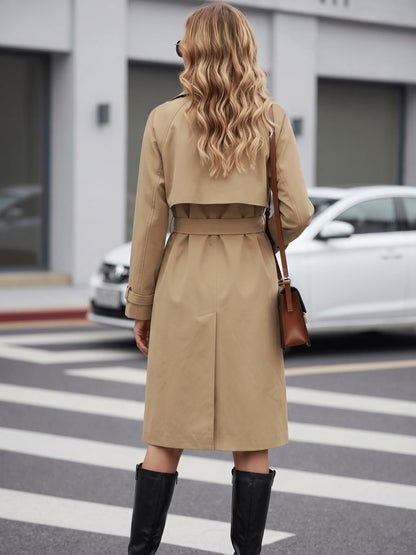 Elegant Khaki Trench Coat for Women with Notch Collar Belted Waist Long Style