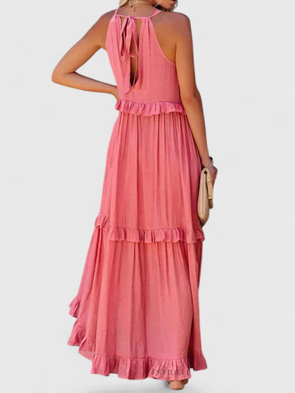 Effortless Ruffle Maxi Dresses for Women with Halter Neck Sleeveless Two Tone Casual Sundress Style