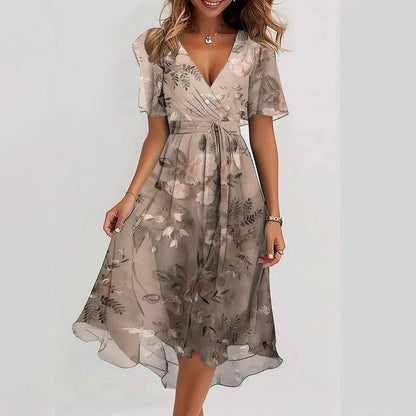 Effortless Printed Mini Dress for Women with V Neck Short Sleeve